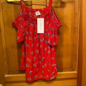Off the shoulder red top with blue florals